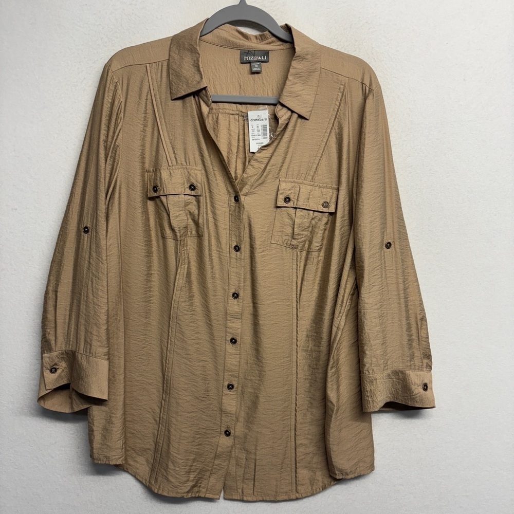 NWT Dressbarn Roz & Ali Button Down Blouse‎ Shirt 1x Tan